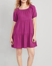Old Navy Tiered Mini Dress L Puff Sleeve Magenta Pink Bohemian Gauze