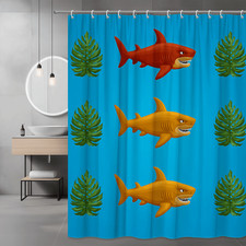 Shark and Leaf Print Shower Curtain Blue Ocean Theme