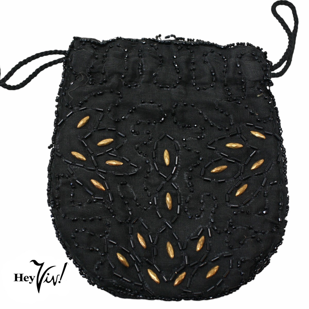 Vintage Black Beaded Purse w Gold Studs Small Drawstring Bag 5