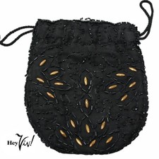 Vintage Beaded Purse Black w Gold Studs Small Drawstring Bag 5"x6" - Hey Viv