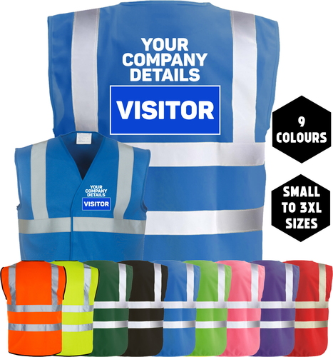 VISITOR CUSTOM Printed Personalised Company Hi-Vis High Viz Safe Vest Waistcoat - Picture 3 of 18