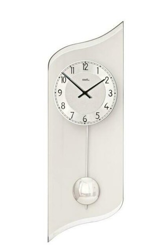 AMS 7441 Wanduhr Design – Holzgehäuse, Silbernes Zifferblatt, Quarzwerk, Pendel, 67x23x7 Cm