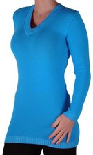Womens Plain V Neck Long Sleeve Knitted Casual Jumper Hip Length Pullover