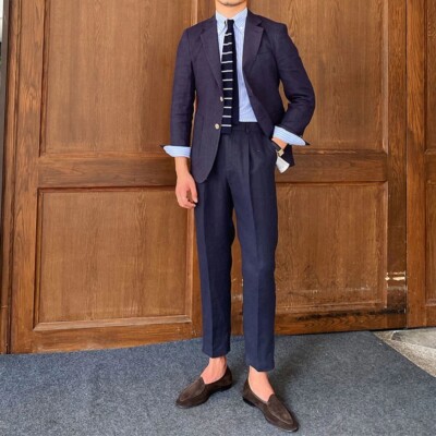 Casual Prom Suit With Loafers Men Linen Navy Blue Notch Lapel