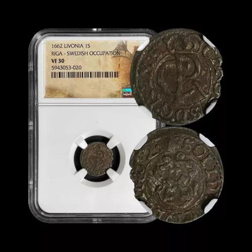 LIVONIA. 1662, 1 Solidus, Silver - NGC VF30 - Carl XI, Sweden, Riga, Keys