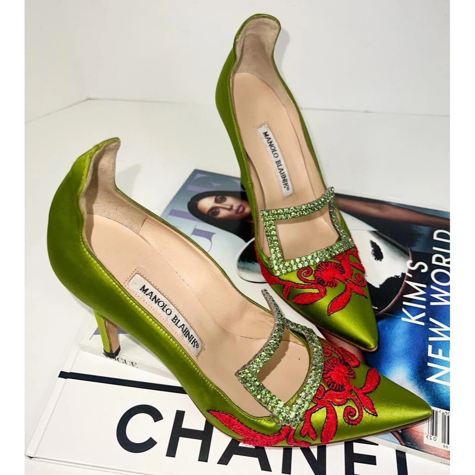 Zapatos de salón MANOLO BLAHNIK aguacate cristal satinado hebilla punta talla EU37.5 Foto 3 de 4