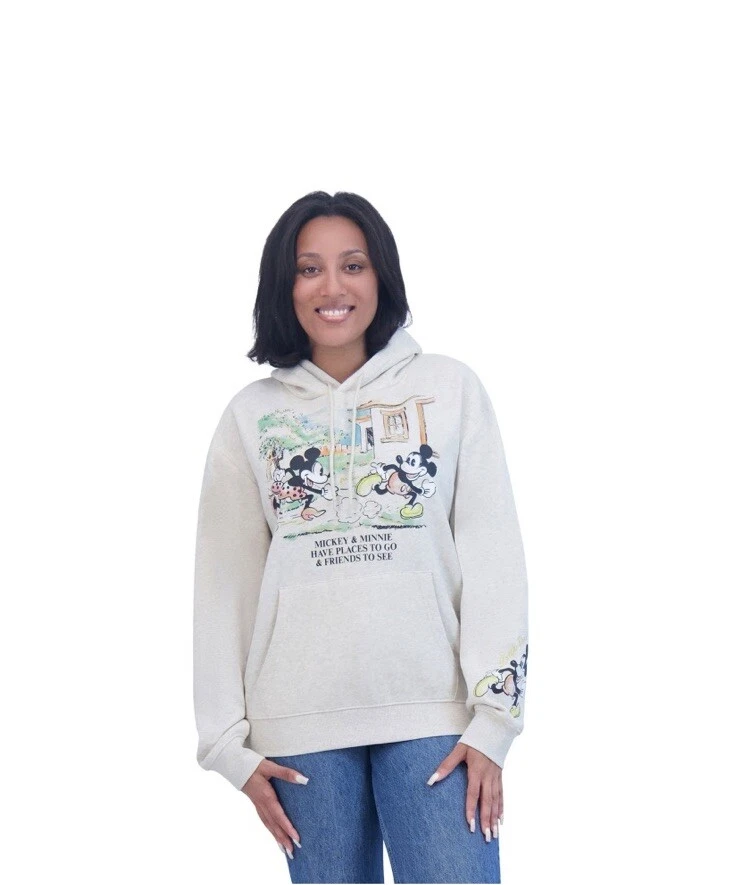 Disney Mickey And Minnie Mouse Hoodie Beige Sweatshirt Ladies Women Size Medium