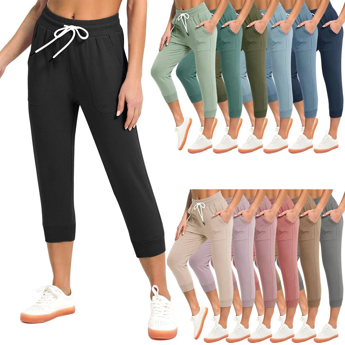 Women Capri Sweatpants Stretch Joggers Loose Pants Drawstring Pockets  Trousers