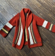 Vintage Yarn Afghan Blanket Jacket Burnt Orange Collar Stripe Hippie Boho 1970s