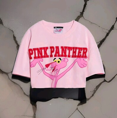 ❤︎ M ❤︎ 🆕️ZARA x PINK PANTHER Women's Crop TOP Tee MEDIUM Pink MGM