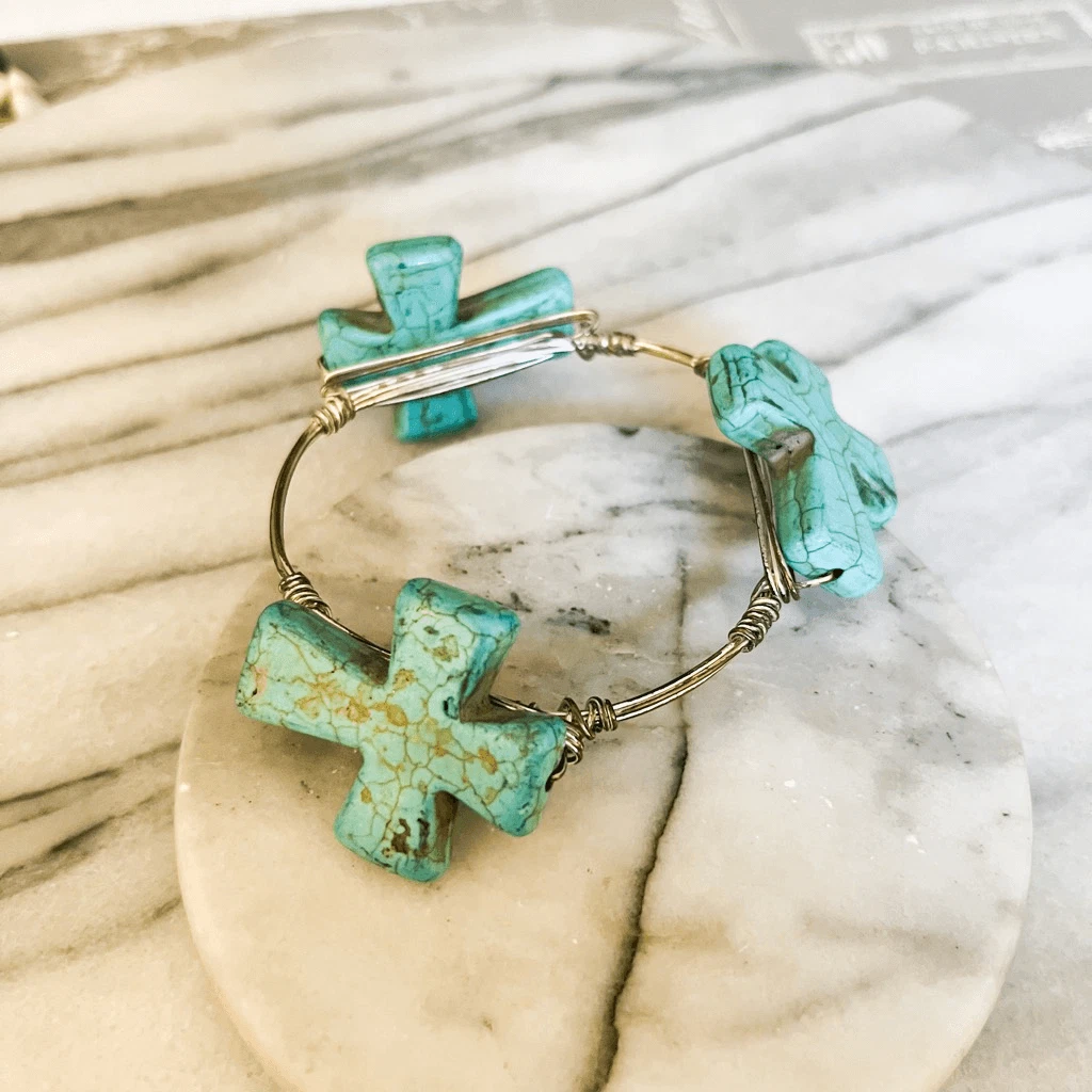 Turquoise Cross Bracelet Blue Silver Toned Wire Wrapped Boho