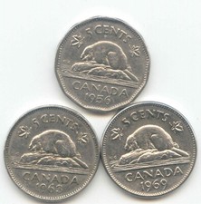 Canada 1956 1963 1969 Canadian Nickel 5c Five Cent 5 Cents Beaver Exact 3 Coins