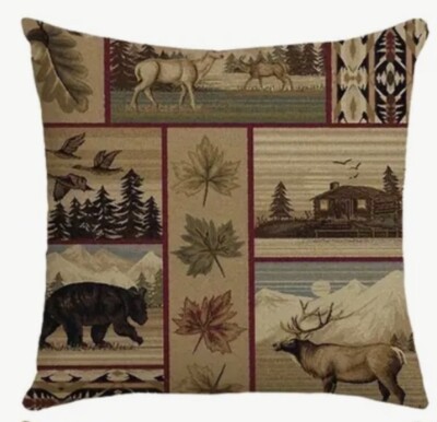Bear Moose Stag Deer Fish Rustic Lodge Cabin Hunting Throw Pillow Cover Man Cave