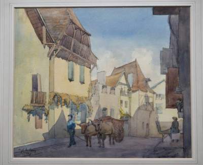 Hugh M Ewing (XX) Aquarell. Figur mit Oxon gezogenem Wagen im Stadtbild. 1929