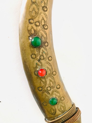Vintage 19-20th Century Syrian Jambiya Dagger W/Engraved Brass, Beaded Scabbard - Picture 7 of 22