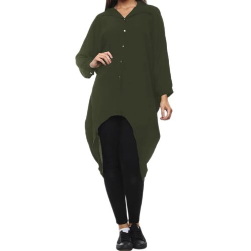 Damen Hi Low Knopfleiste Long Shirt Oberteil Langarm Oversize Tauchsaum Kurzes Kleid - Bild 10 von 32