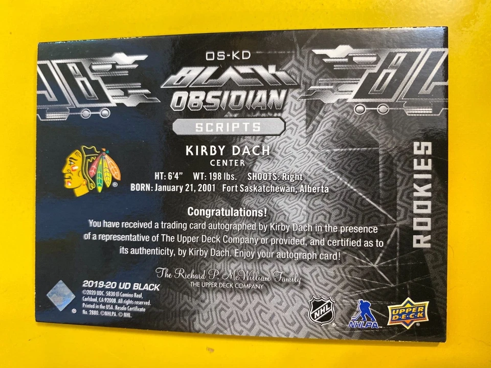 RS20574  2019-20 UD Black Obsidian Scripts Rookies #OSKD Kirby Dach AUTOGRAPH - Image 2 of 2