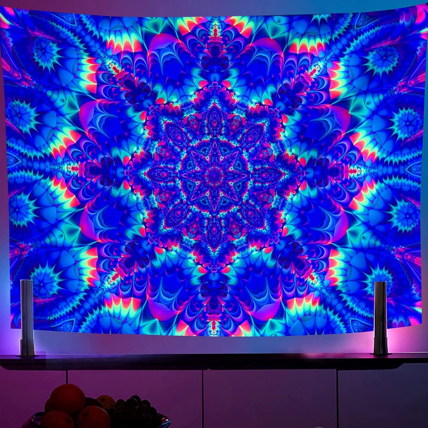Blacklight Mandala Tapestry 150X130Cm Psychedelic Boho Tapestry Colorful Backdro