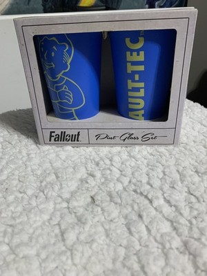 Fallout Vault-Tec Pint Glass Set - 2 Glasses - Blue & Yellow - RARE!