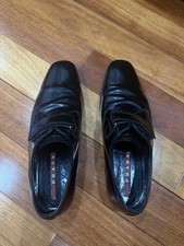 PRADA Black Patent Leather Hook Loop Strap Dress Shoes Mens Loafers Size 8.5 US
