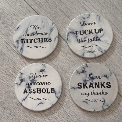 Set Of 4 Naughty Coasters White Marble Print 4  Graphic Moisture Absorbing