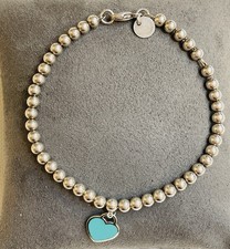 Tiffany  Co. Return to Tiffany Blue Enamel Mini Heart 4mm Bead Bracelet 6.75"
