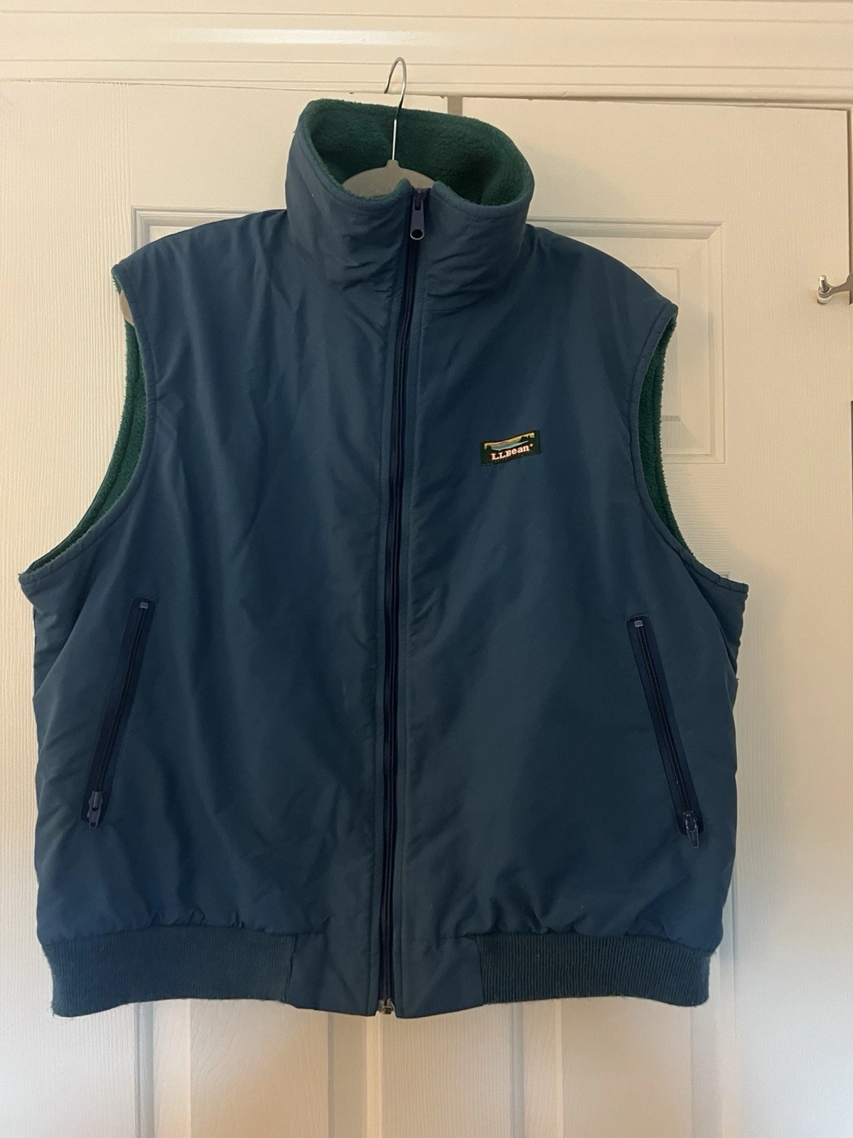 Vintage LL Bean Mens Vest Fleece Lined Full Zip Outdoors Hiking Blue/ Green