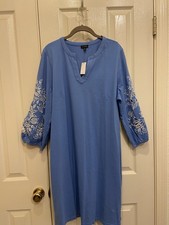 Talbots New Blue Cotton Knit Dress With Beautiful Embroidered Sleeves Size Xl