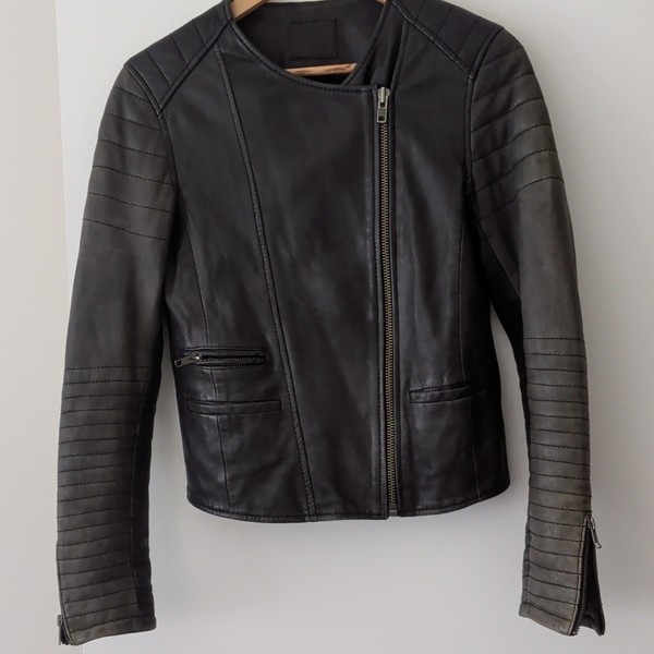 Wittner Womens Black Leather Biker Jacket Size 8 Short Full Zip Pockets
