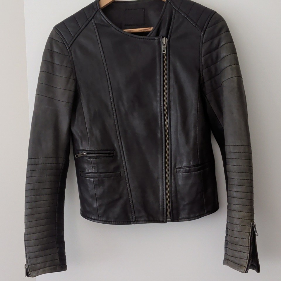 Wittner Womens Black Leather Biker Jacket Size 8 Short Full Zip Pockets