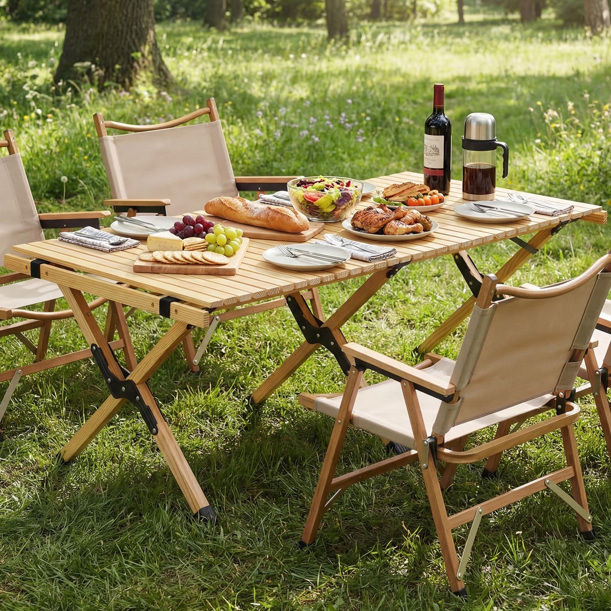 Folding Camping Table, Portable Roll-Up Pine Wood Picnic Table