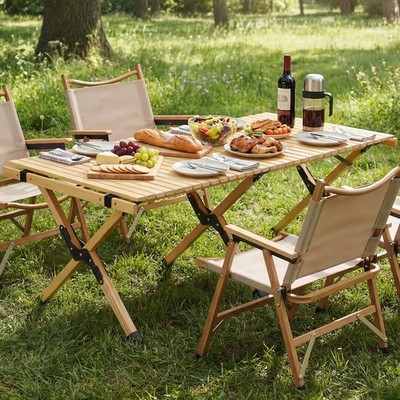 Folding Camping Table, Portable Roll-Up Pine Wood Picnic Table