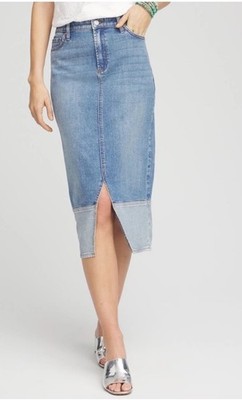 Chico s Colorblock High-Rise Denim Pencil Skirt Front Slit Size 14 Two Tone