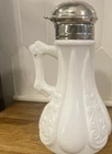 Vintage White Milk Glass Syrup Pitcher with Silver Tone Lid