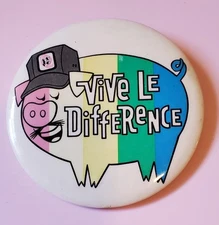 Vive Le Difference Button Pinback Pig In Big H Feeds Hat Rainbow Vtg French Hog