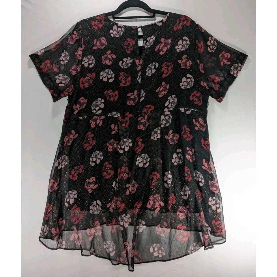 Vince Camuto Sheer Black Pink Floral Tunic Blouse Sparkle Dots Short Sleeve NWT - Image 2 of 4