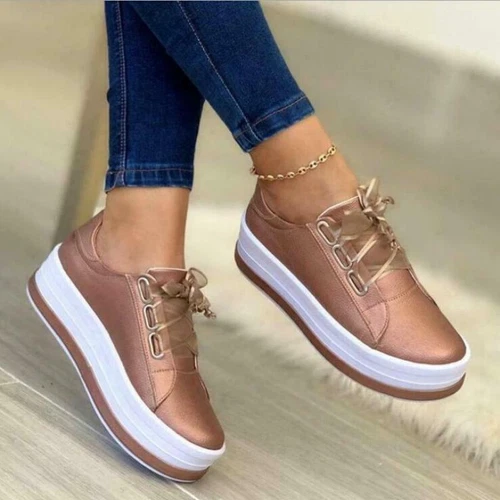 Damen Frauen Plateau Sneaker Atmungsaktiv Schnürschuhe Freizeitschuhe Sportschuh - Bild 4 von 14