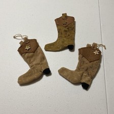 3 Southwestern Cowboy Cowgirl Brown Boots Christmas Cloth Tree Ornaments 6 1/2  