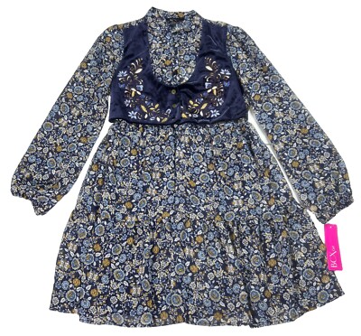 BCX Girl Boho Floral Dress 2-Piece With Embroidered Velvet Vest Size 16 NWT $72