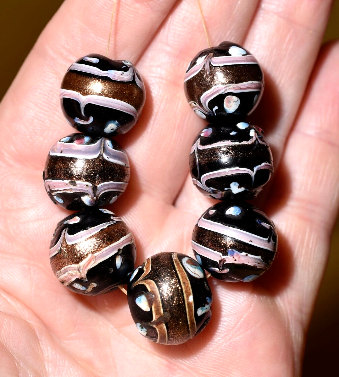 Antique Venetian Lampwork Italian Black Glass Fancy Beads W/ Gold