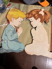 Vintage 1950's Praying Girl  Boy Pressed Cardboard Wall Art Kids Nursery 12"