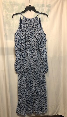 Michael Kors True Navy Floral Cold Shoulder Tie-Neck Pleated Midi Dress 