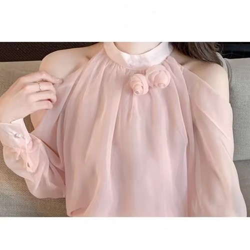 Korean Spring Summer Chiffon Blouses Women Round Neck Off Shoulder Ruched Shirts - Picture 4 of 9