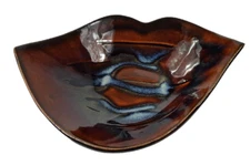 Hilborn Signed Dish Pottery Ceramic Brown Blue Swirl Colorful Vintage MCM 7.75"