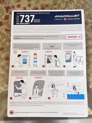 全日空　非常脱出口配置　BOE. 737 カード　レトロ　レア　昭和 Anadolujet Boeing 737-800 Safety Card EMERGENCY EXIT PASSENGER