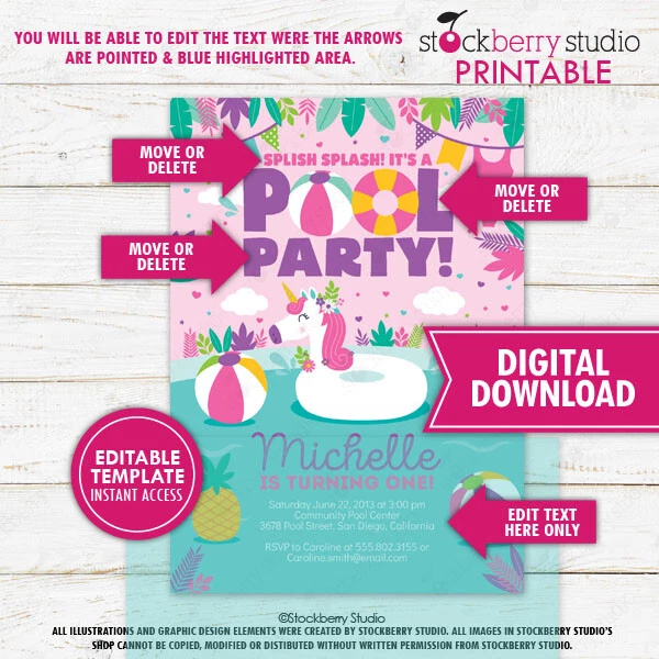 Unicornio Piscina Fiesta Invitación Niña Verano Cumpleaños Invitación Impresa Foto 2 de 4