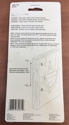 Nuevo NATIONAL 7" Golpeador Puerta Latón Sólido Acabado Peltre Tornillos Incluidos Sin Abrir - Imagen 5 de 6