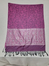 PASHMINA Women's Wrap Shawl Scarf 70% Pashmina 30% Silk Magenta Silver 70" X 28"