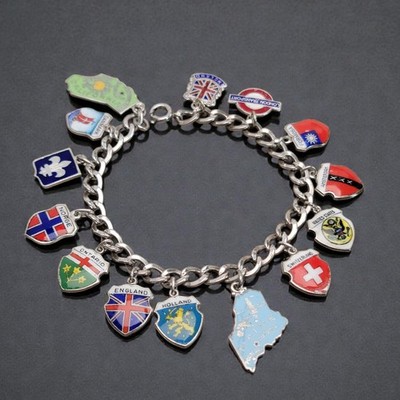  VTG Sterling Silver Enamel Travel Shield Charm Bracelet 25g Formosa London Well