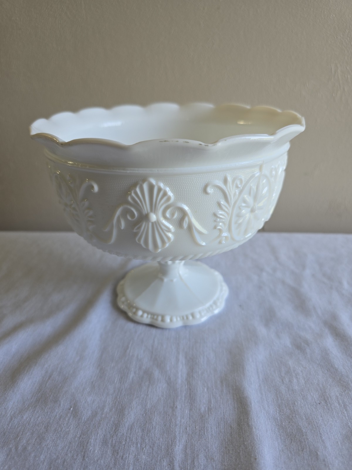 VTG White Milk Glass Scalloped Edge Compote Pedestal Bowl Planter with Embossed Detail